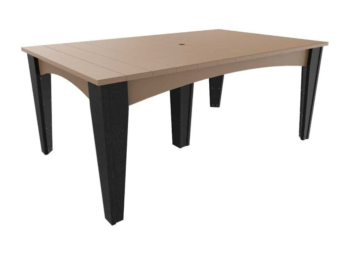 A rectangular outdoor dining table with a light beige composite-look top and black legs, shown on a plain white background.