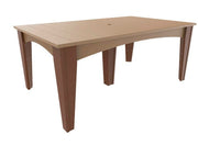 A rectangular outdoor dining table made of composite lumber, featuring a light tan top and darker brown angled legs, shown against a plain white background.