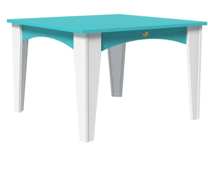 A square outdoordining table with a turquoise tabletop and matching turquoise apron, supported by four white legs, shown on a plain white background.