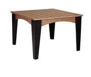 A square outdoor dining table with a light brown slatted top and four black legs, shown against a plain white background.