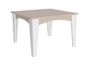 A square dining table with a light beige wood-grain top and white legs, shown from a three-quarters angle on a solid white background.