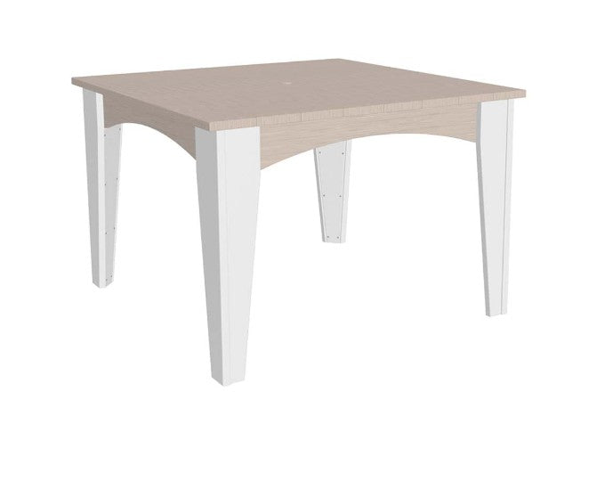 A square dining table with a light beige wood-grain top and white legs, shown from a three-quarters angle on a solid white background.