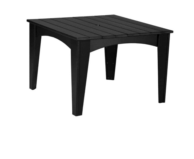 A square black outdoor table with a slatted top and four angled legs, shown on a plain white background.