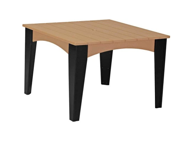 A square outdoor table with a light natural wood slatted top and four black legs, shown on a plain white background.