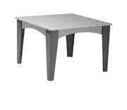 A square outdoor table with a light gray slatted top and dark gray legs, shown on a plain white background.
