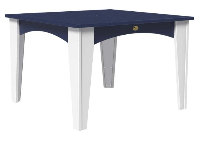 A square outdoor dining table with a navy blue top and apron, supported by four white legs, shown against a plain white background.