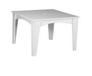 A square white outdoor table with a slatted top and four legs, shown against a plain white background.