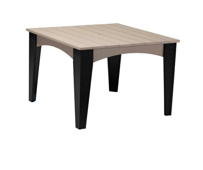 weatherwood and black outdoor square dining table on white background