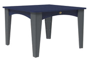 A square outdoor table with a dark navy blue top and gray legs, shown against a plain white background.