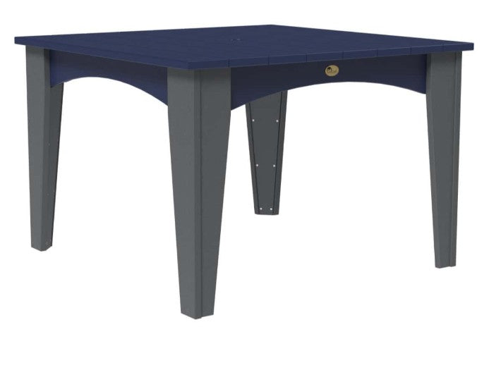 A square outdoor table with a dark navy blue top and gray legs, shown against a plain white background.