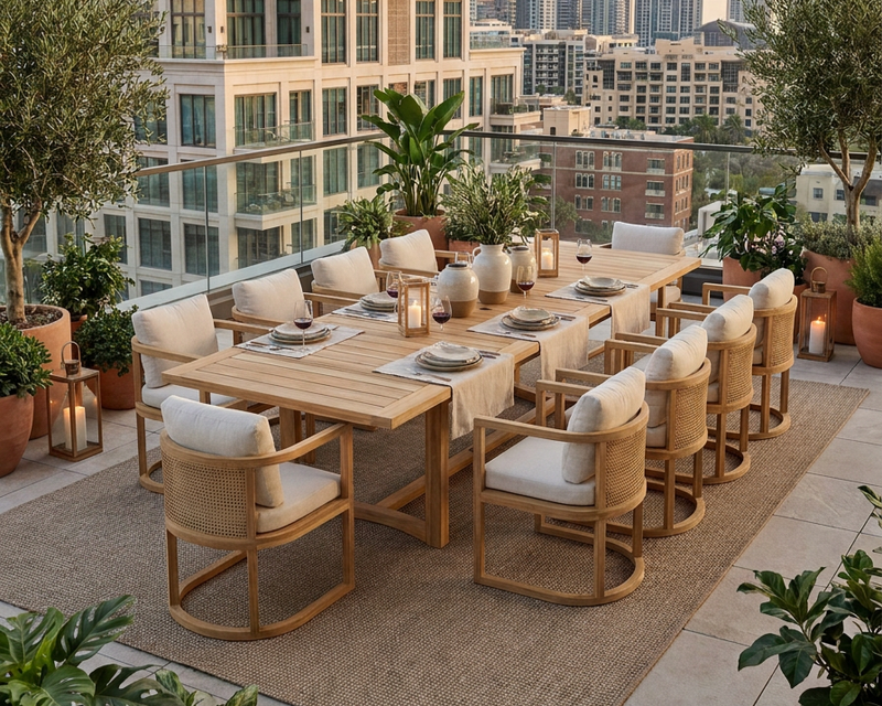 Junus teak extension dining table on a city balcony with city views.  