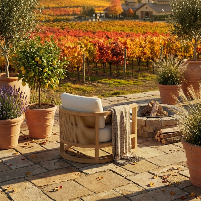 A light wood ARMchair with woven cane details and white cushions sits on a stone patio in a garden setting, with a throw blanket draped over the arm. Terracotta pots, a lemon tree, lavender, and a stone fire pit are nearby, with a vineyard stretching into the background under warm autumn sunlight.