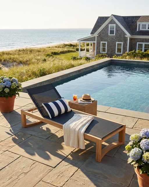 Anderson Teak Junus Sun Lounger on a stone patio near a pool with ocean views.