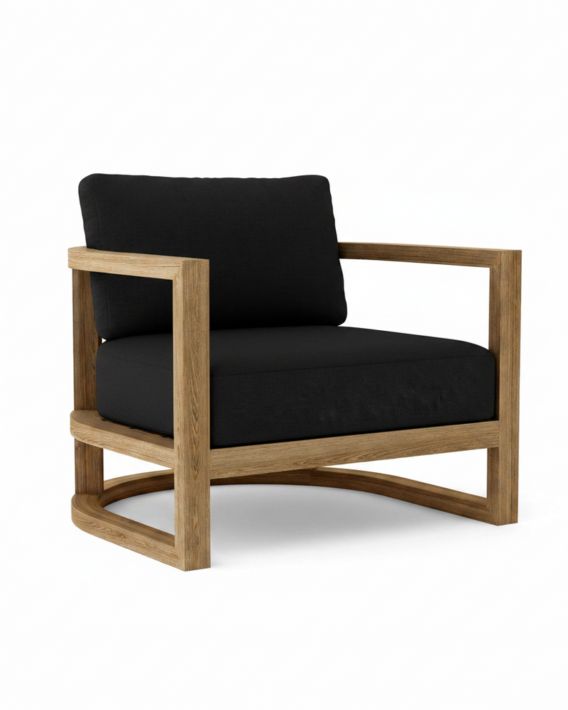 Junus Armchair with black cushion on white background.  