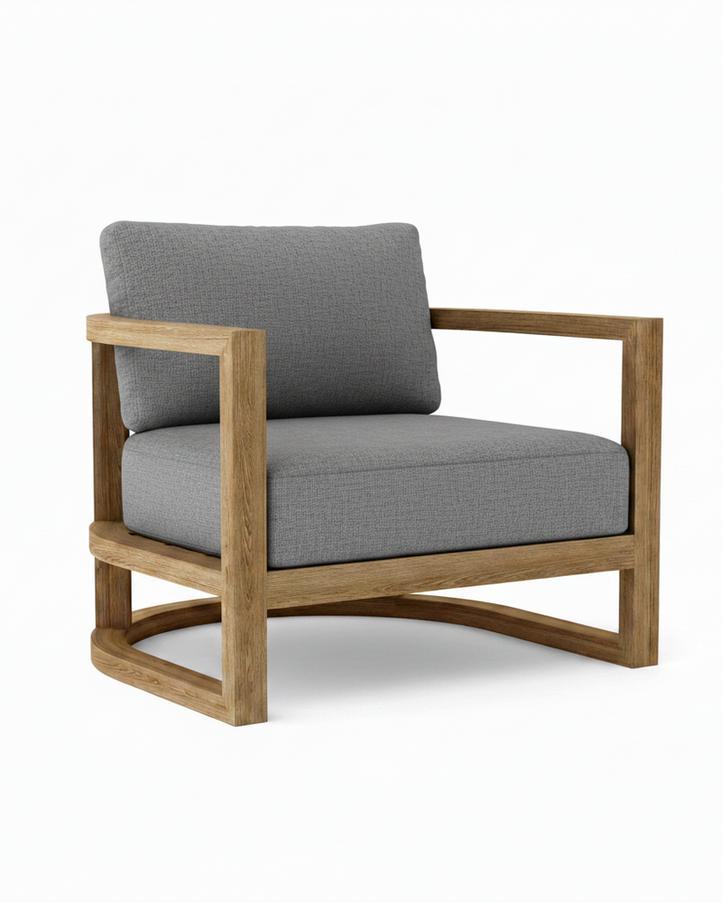 Junus teak armchair with bliss smoke cushion on white background.  