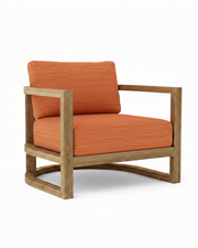 Junus teak armchair with dupione papaya cushion on white background.  