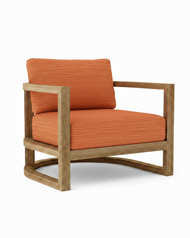 Junus teak armchair with dupione papaya cushion on white background.  