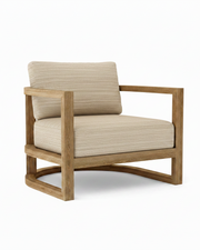 Junus teak armchair with dupione sand cushion on white background.  