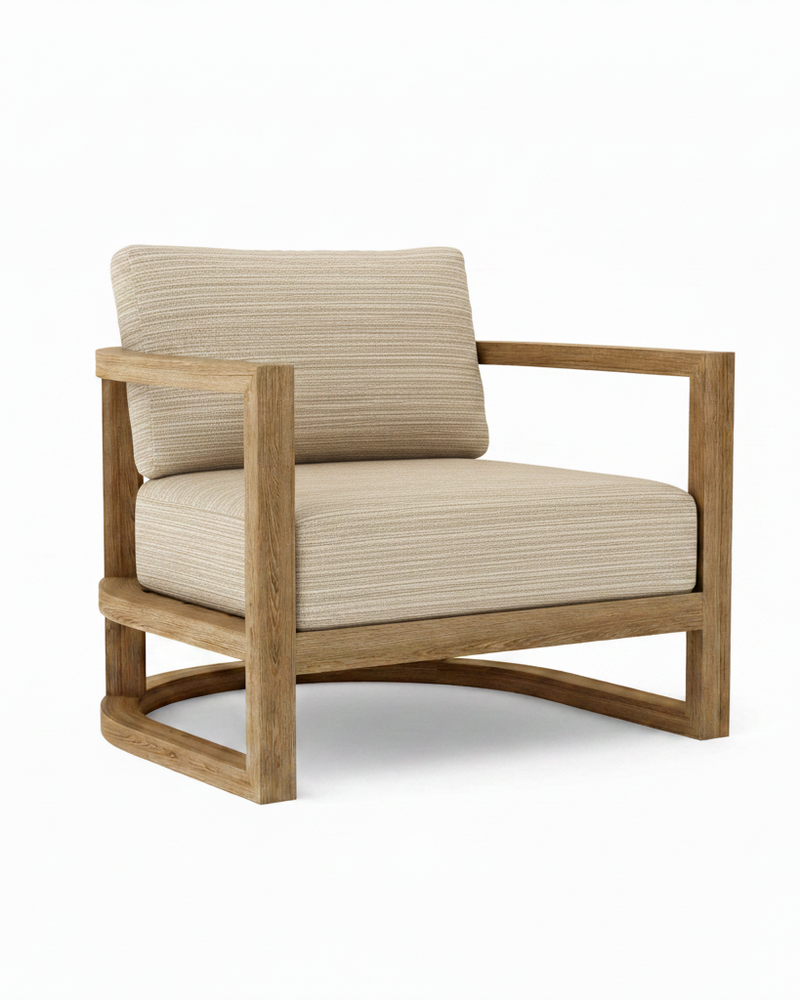 Junus teak armchair with dupione sand cushion on white background.  