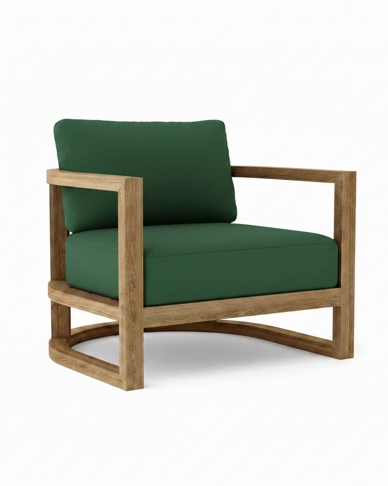 Junus teak armchair with forest green cushion on white background.  