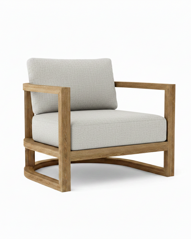 Junus teak armchair with granite cushion on a white background.  
