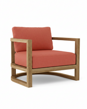 Junus teak armchair with henna cushion on white background.  