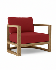 Junus teak armchair with jockey red cushion on white background.  