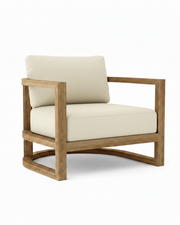 Junus teak armchair with linen canvas cushion on white background.  