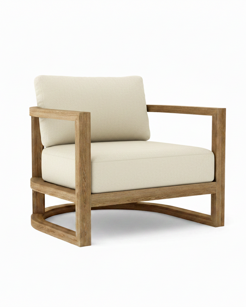 Junus teak armchair with linen canvas cushion on white background.  