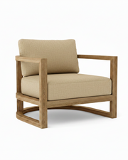 Junus teak armchair with linen sesame cushion on white background.  
