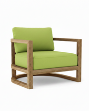 Junus teak armchair with macaw cushion on white background.  