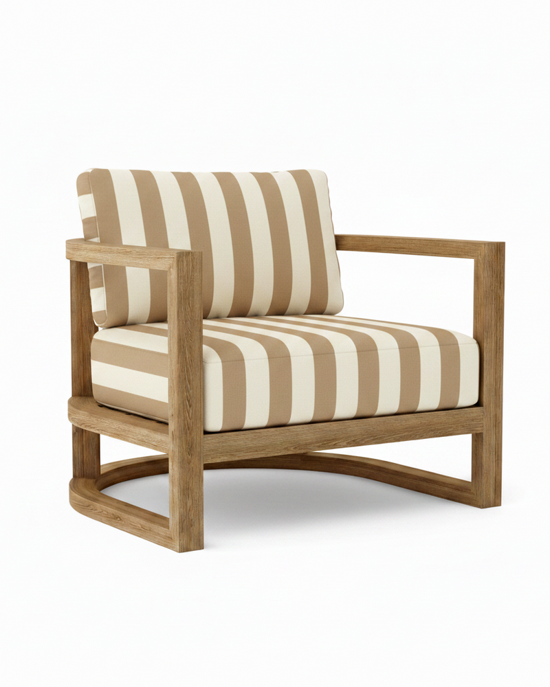 Junus teak armchair with maxim heather beige cushion on white background.  