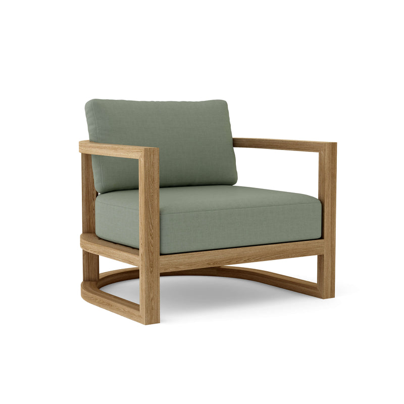 Junus teak armchair with cast sage cushion on white background.  
