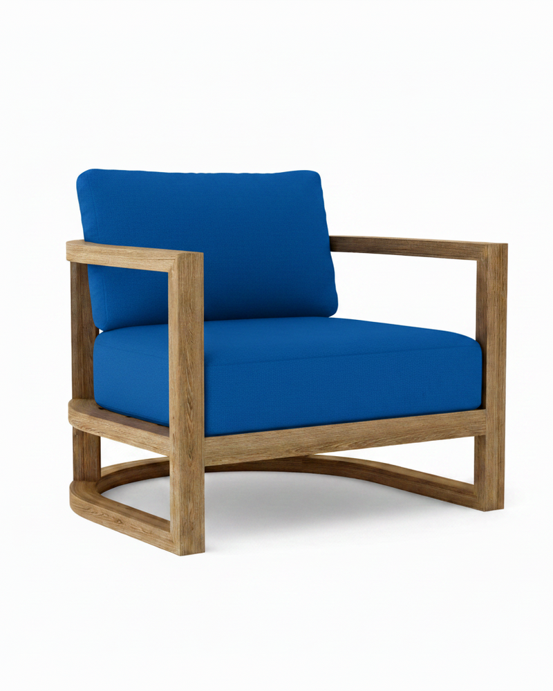 Junus teak armchair with pacific blue cushion on white background.