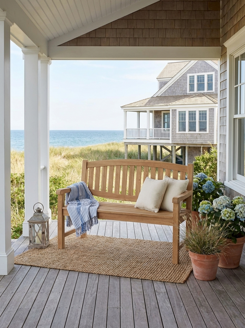 Anderson Teak Kingston 2-seater bench on a covered patio with coastal and ocean views.  