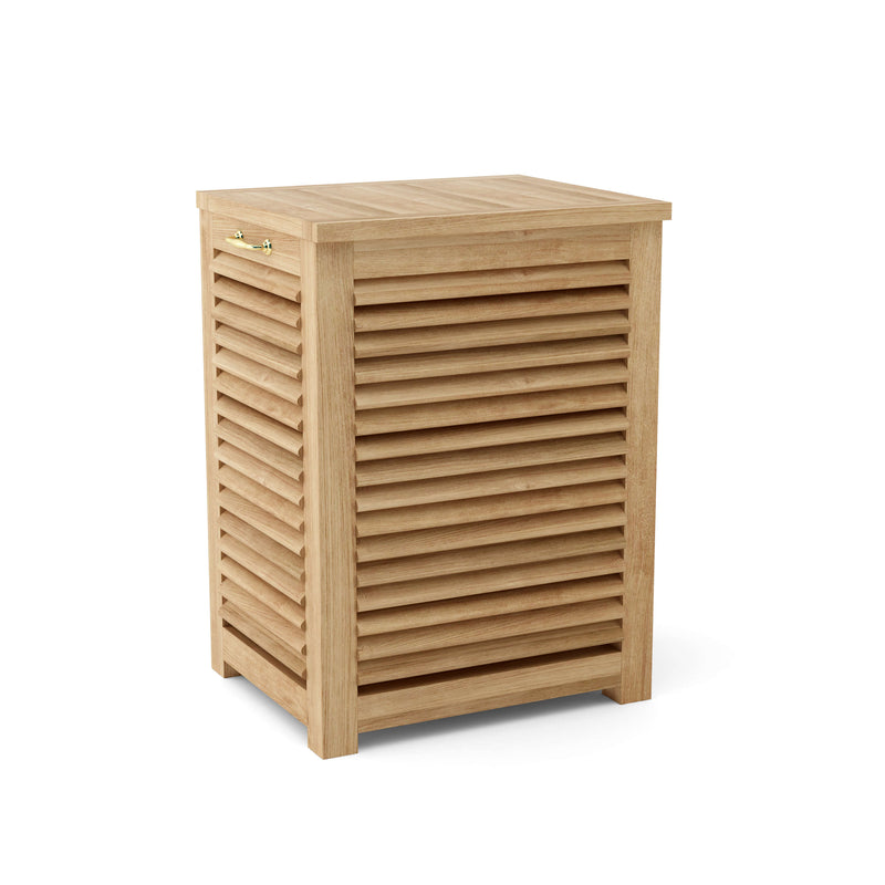 Wooden outdoor storage box with slatted design on a white background