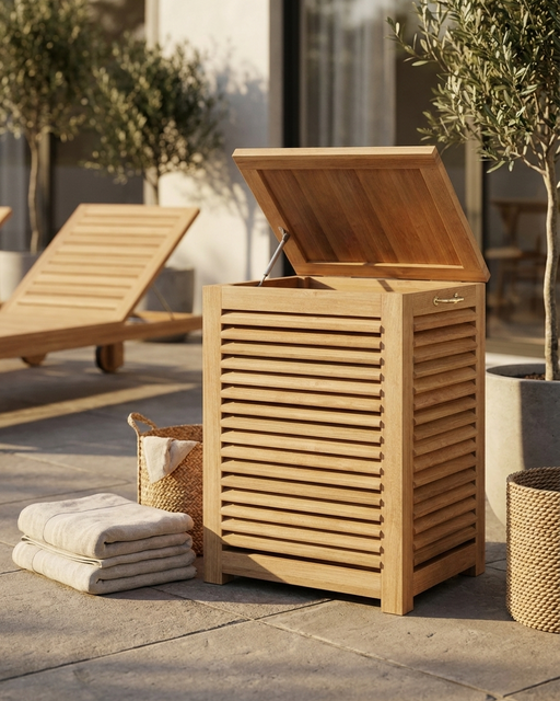 A light natural wood outdoor laundry hamper with a slatted lid, shown open on a patio with folded towels and woven baskets nearby.