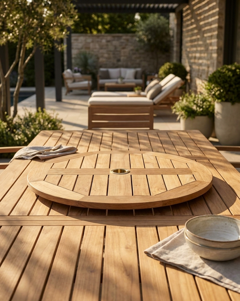 A round wooden outdoor table insert with a central brass faucet hole, set on a teak dining table in a sunny patio environment.