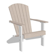 Adirondack chair with beige slats and white frame on a white background