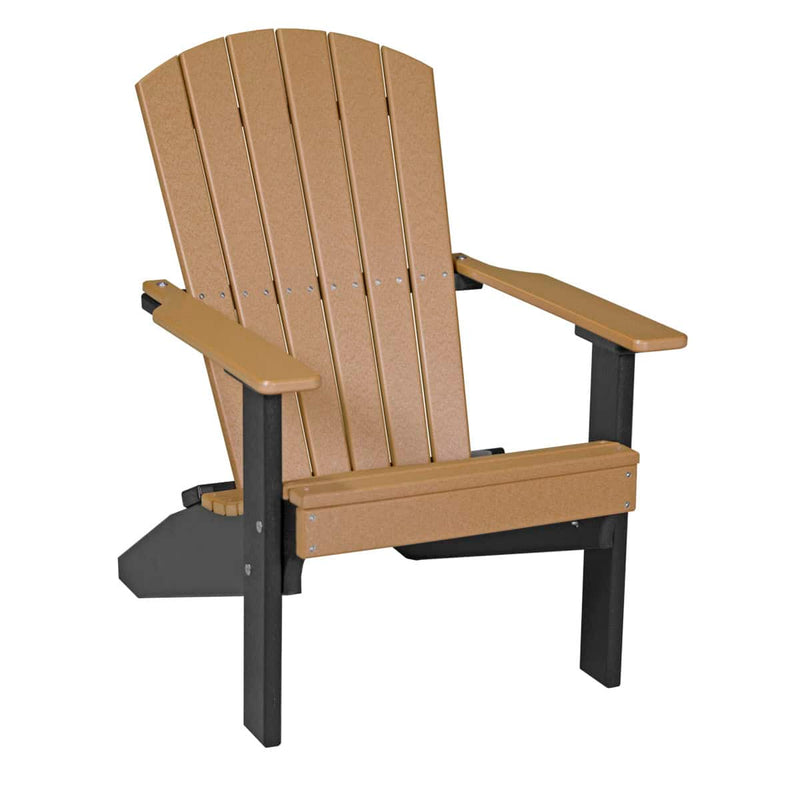 Adirondack chair with brown backrest and seat, black frame on a white background