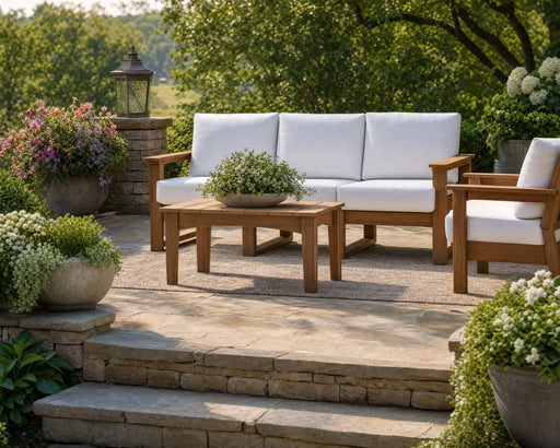 LuxCraft deep seating sofa in antique mahogany on a stone patio with potted flowers and plants.  