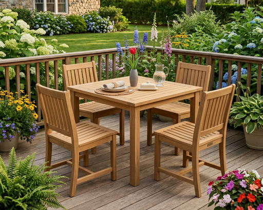 Anderson Teak Lisbon 5-Piece dining set on a wooden porch in a garden setting.  