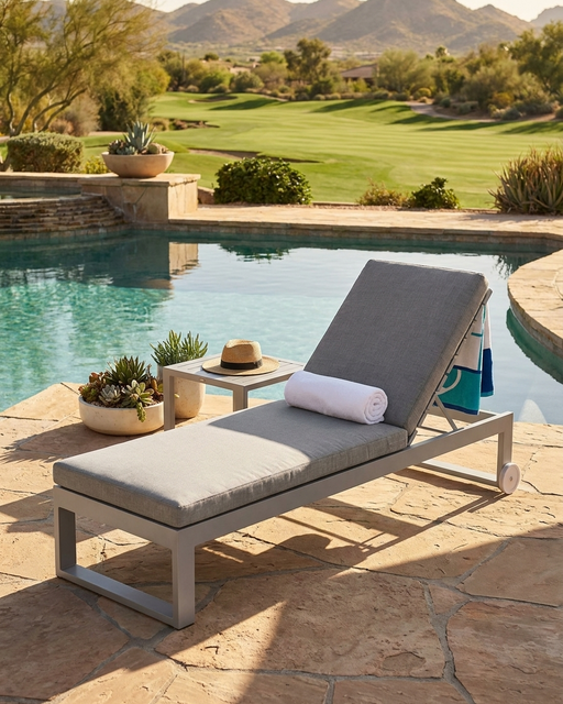 Lucca Aluminum Sun lounger on a stone patio near a pool with golf and mountain views.  