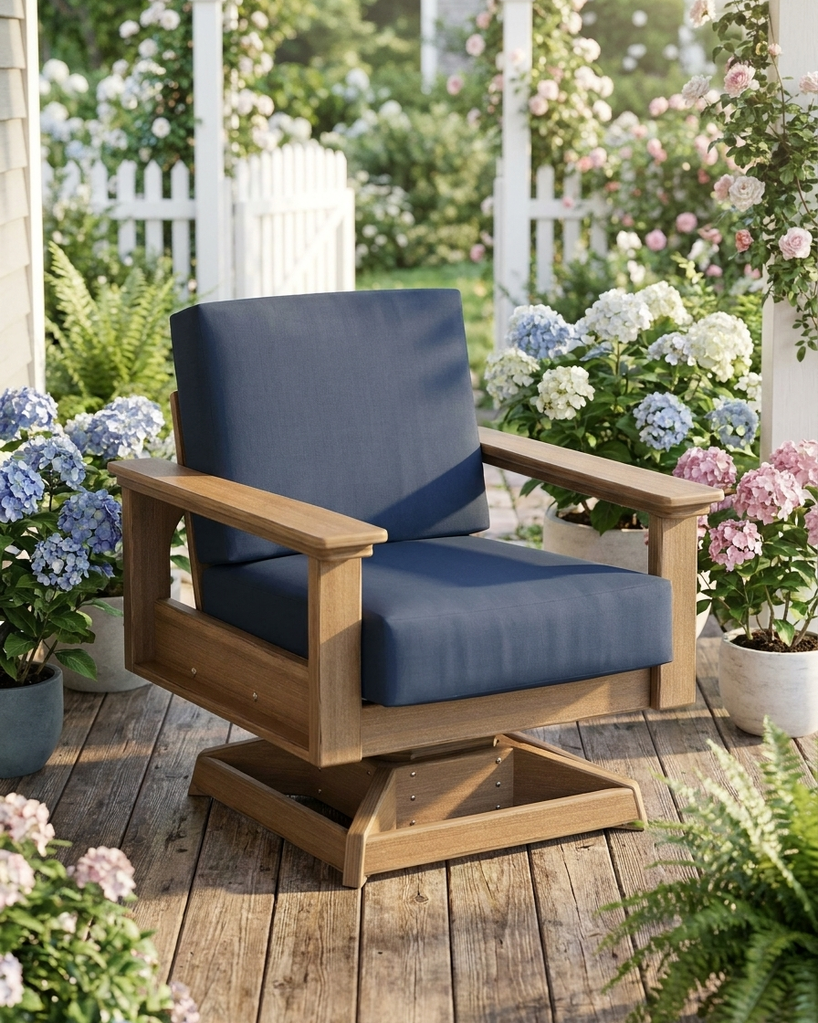 Rocker with blue cushions on a wooden deck surrounded by flowers