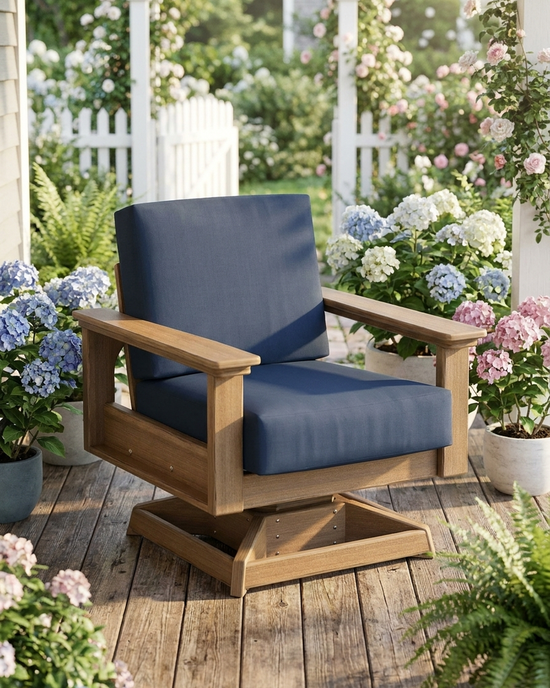 Rocker with blue cushions on a wooden deck surrounded by flowers