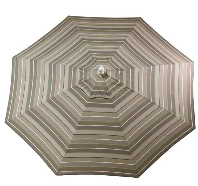 Beige patio umbrella with a white center on a white background
