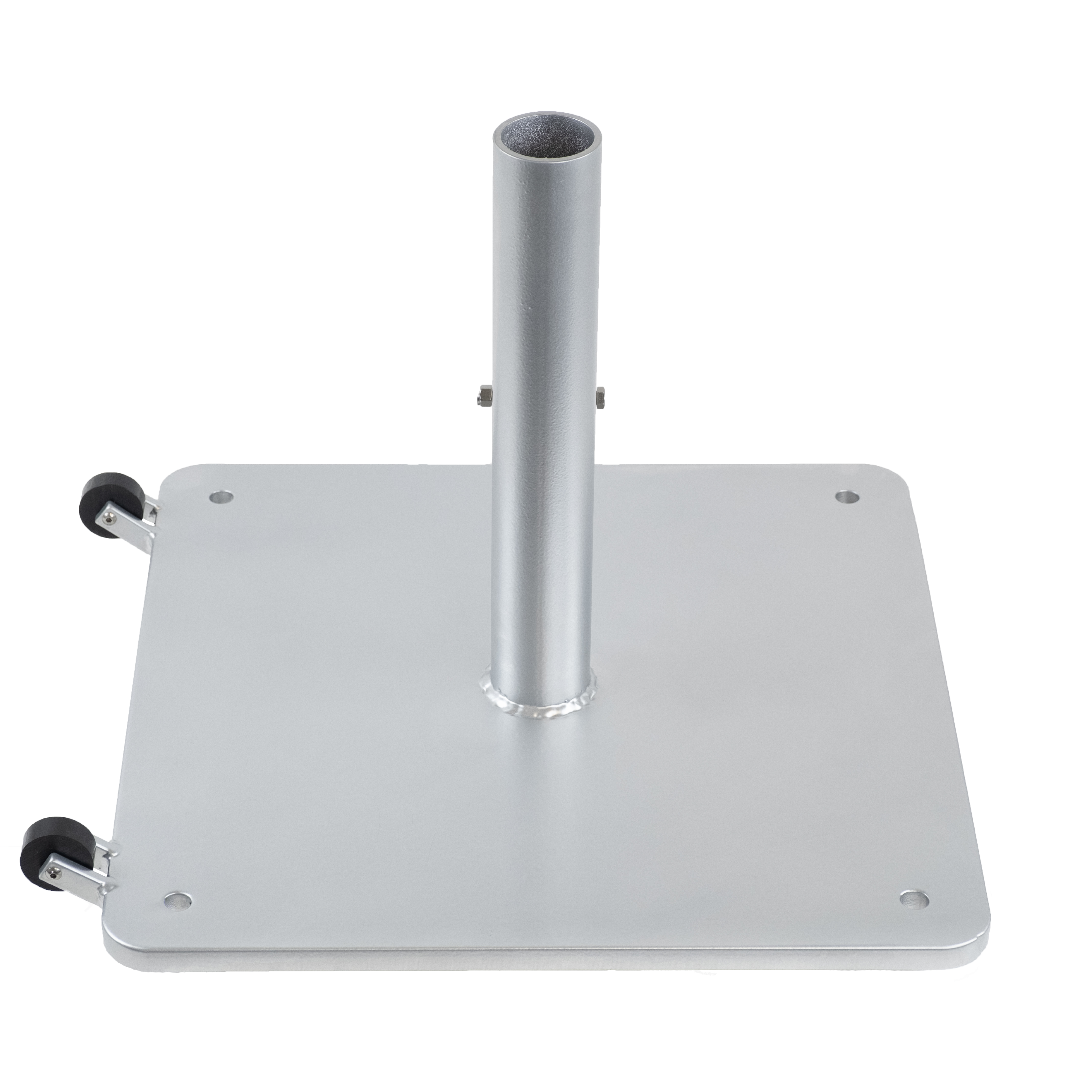 Metal umbrella base with a central pole on a white background