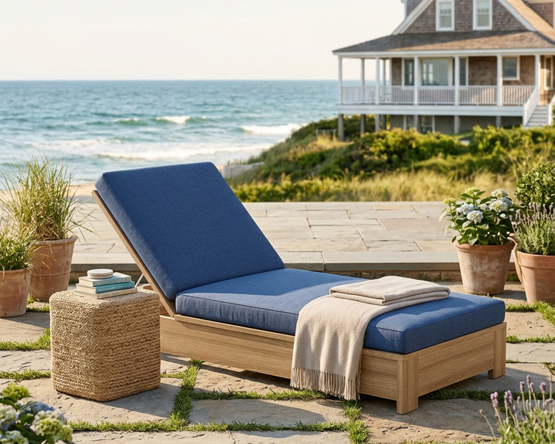 Madera Sun Lounger with navy cushion on a stone patio near the ocean.  