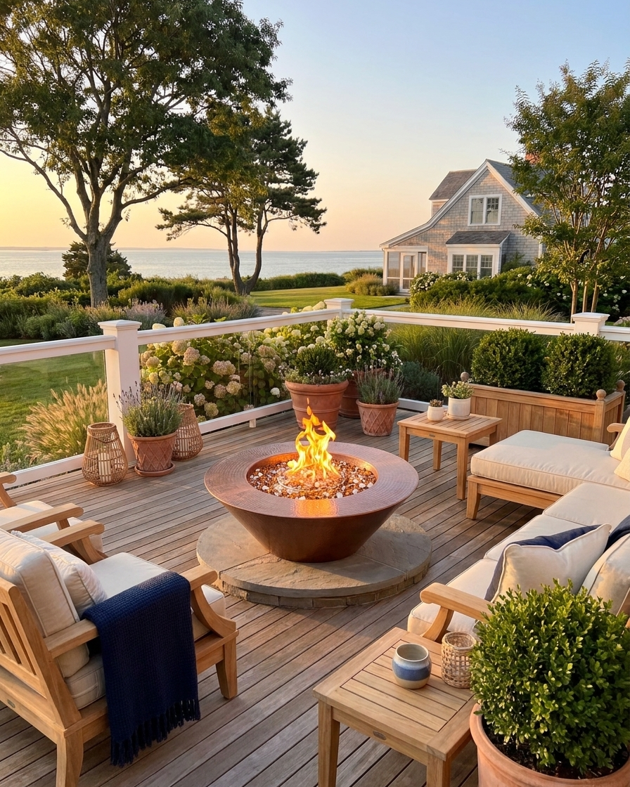 Outdoor patio furniture set on a wooden deck overlooking a garden and ocean view at sunset, centered around a round fire pit with cushions, tables, and potted plants.