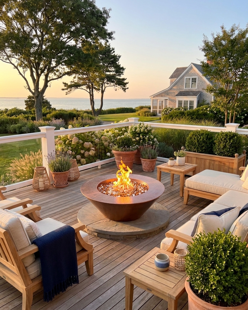 Outdoor patio furniture set on a wooden deck overlooking a garden and ocean view at sunset, centered around a round fire pit with cushions, tables, and potted plants.